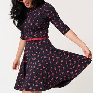 Unique Vintage Navy red umbrella short dress